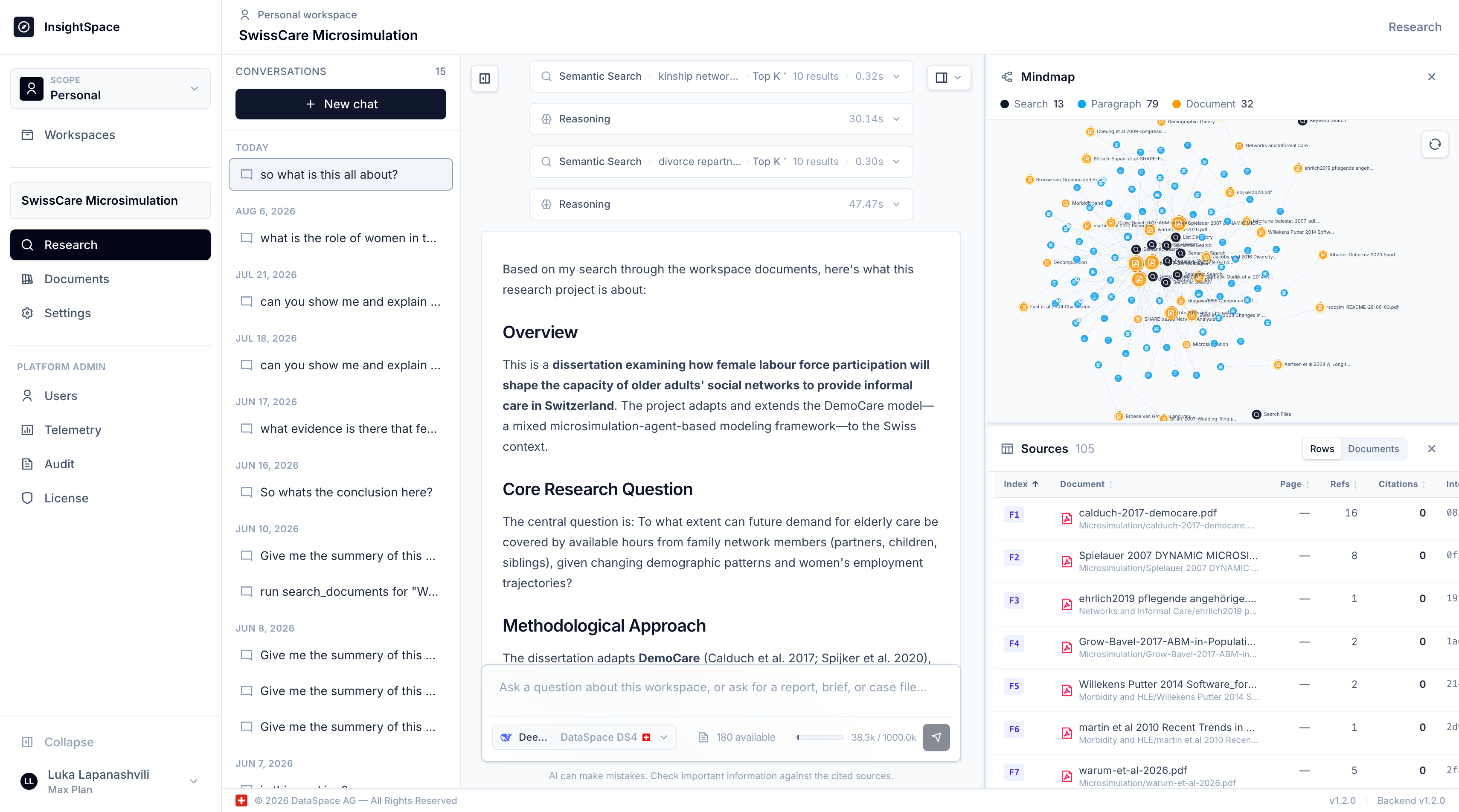InsightSpace research workspace showing an answer with citations and a Sources panel