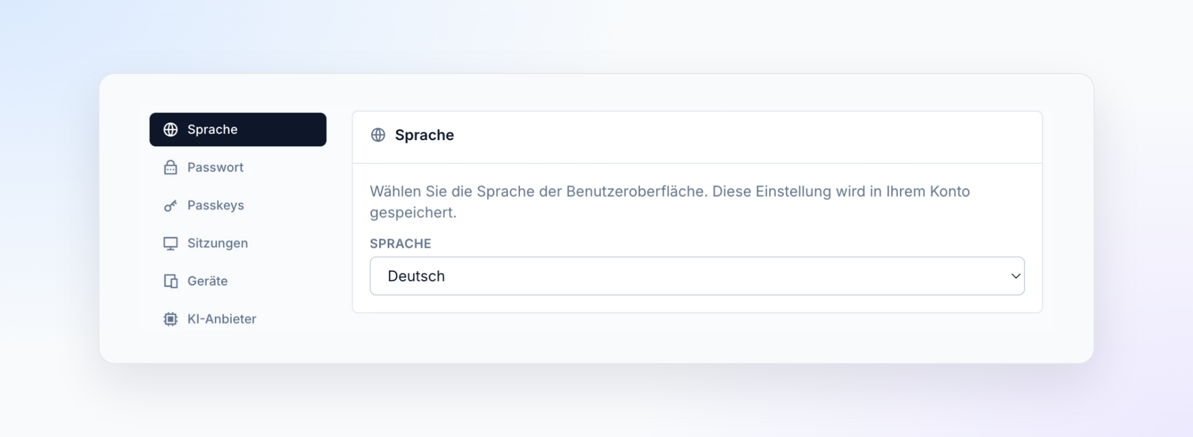 The Language section of the profile with Deutsch selected.