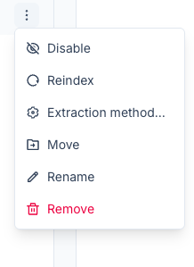 File actions menu with Disable, Reindex, Extraction method, Move, Rename, and Remove.