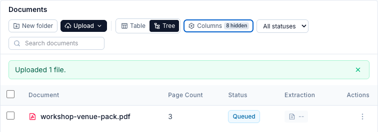 Documents toolbar and uploaded workshop PDF with Queued status.