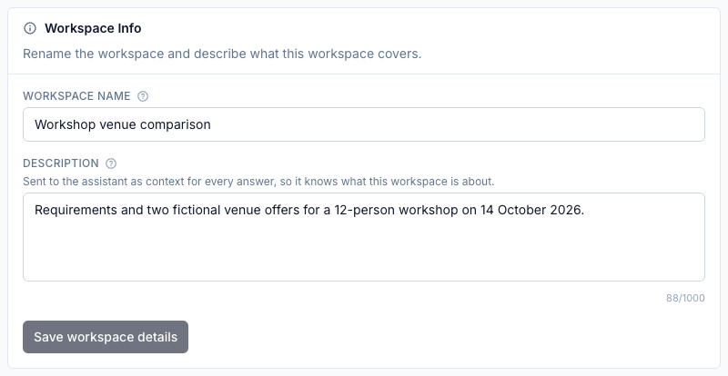 Workspace Info controls for renaming the workspace and editing the description supplied to the assistant.